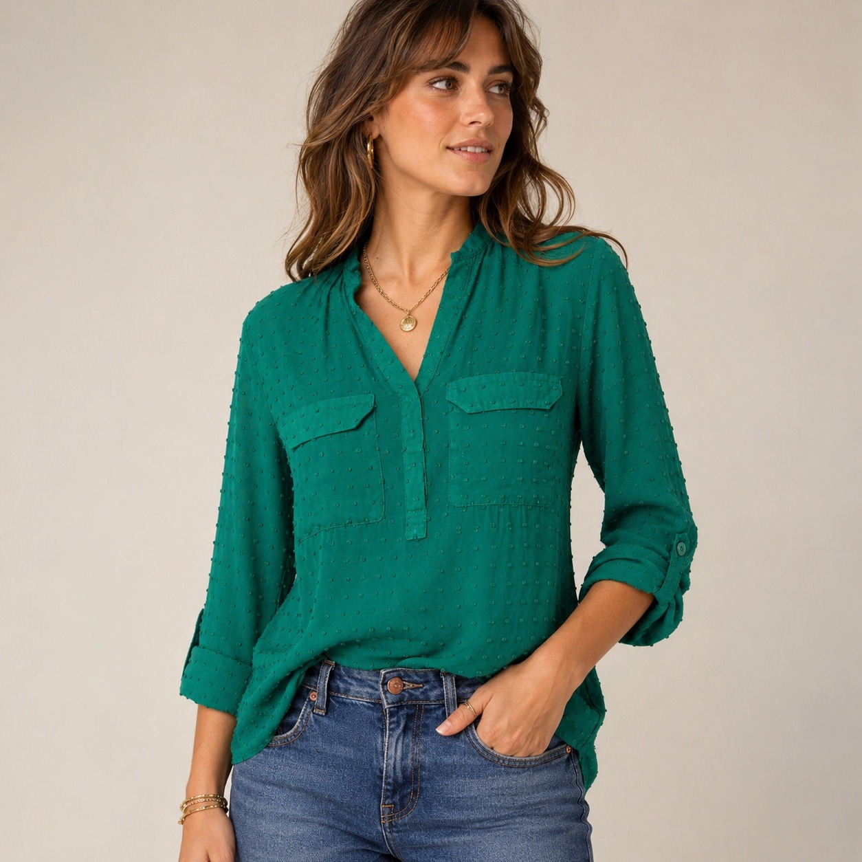 Maeve Anthropologie Green Clip Dot Blouse Long Sleeve Split Neck Top Size 2